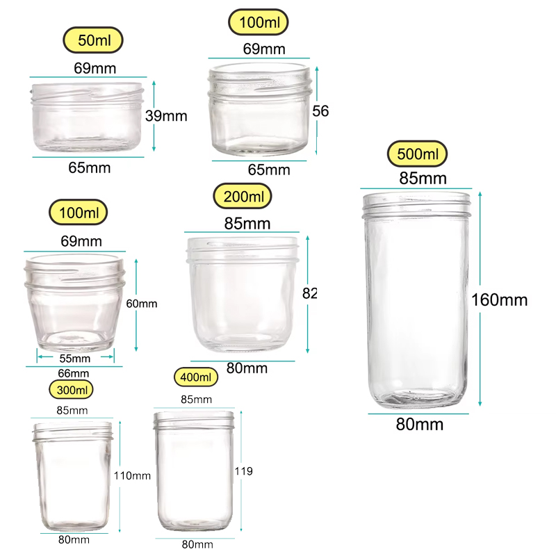 برطمان ماسون زجاجي مستدير للكافيار قابل لإعادة الاستخدام مع غطاء من الألومنيوم
