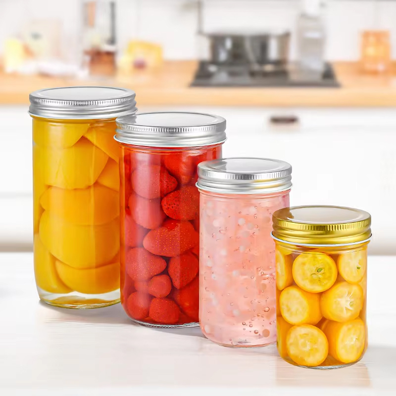 برطمان ماسون زجاجي مستدير للكافيار قابل لإعادة الاستخدام مع غطاء من الألومنيوم