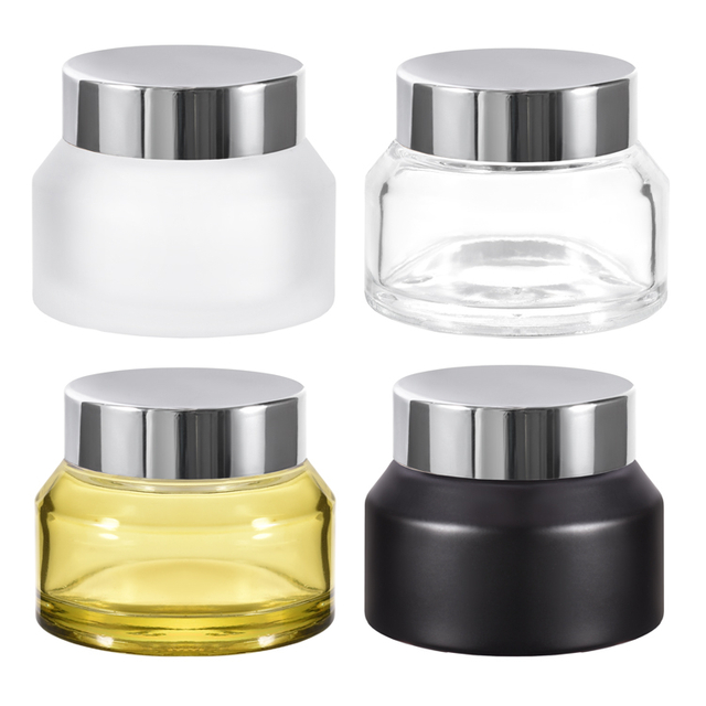 جرة كريم زجاجية شفافة 10 جرام 30 جرام 50 جرام مع غطاء بلاستيكي لامع يتميز بأداء ختم جيد لتأخير التدهور التأكسدي