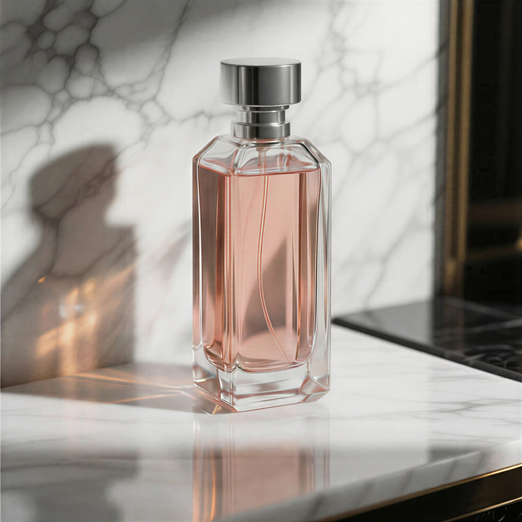 زجاجة عطر زجاجية فاخرة ذات أوجه مع غطاء معدني وقاعدة سميكة وتغليف عطر ممتاز