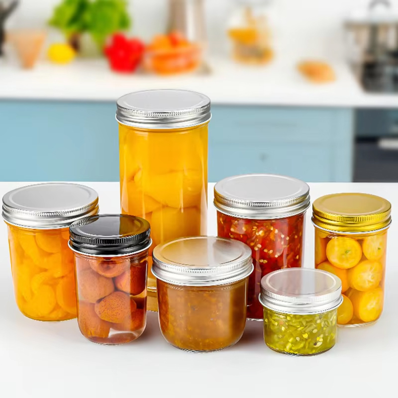 برطمان ماسون زجاجي مستدير للكافيار قابل لإعادة الاستخدام مع غطاء من الألومنيوم