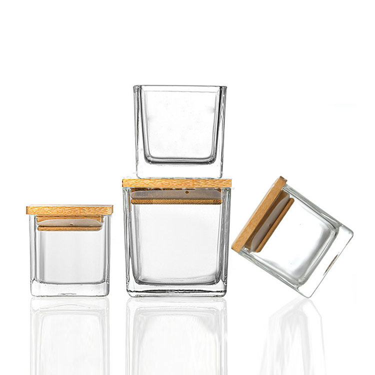 رخيصة 80 مل 120 مل 200 مل 300 مل جرة شمعة مربعة فارغة واضحة مع غطاء الفلين الخشبي الطبيعي