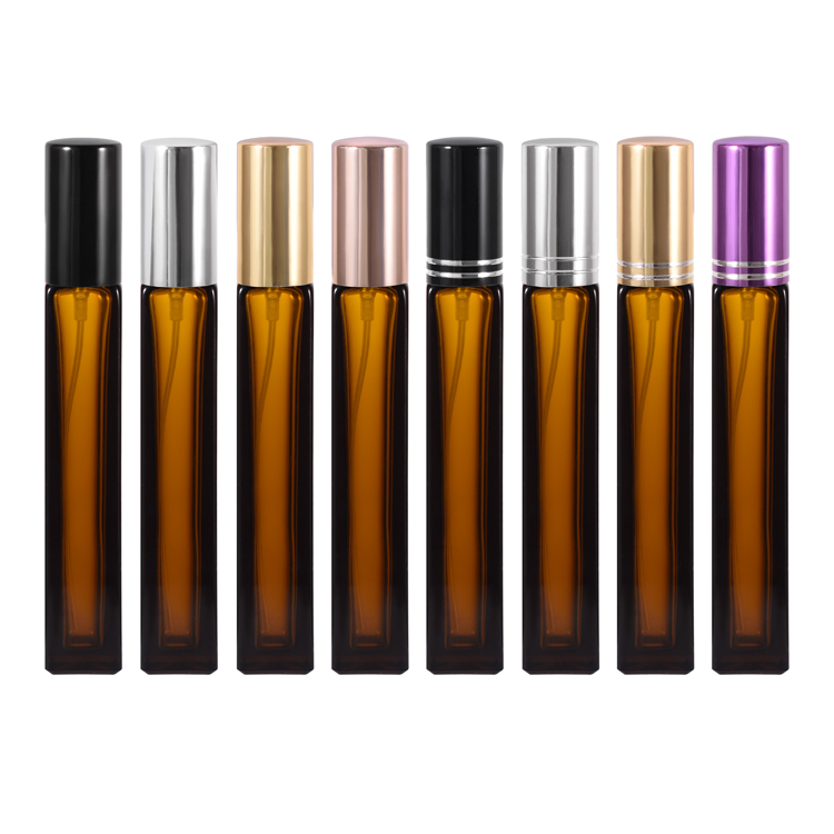 زجاجات رذاذ عطر زجاجية مربعة الشكل محمولة للسفر سعة 10 مل قابلة لإعادة الملء، زجاجة مستحضرات تجميل فارغة باللون الكهرماني