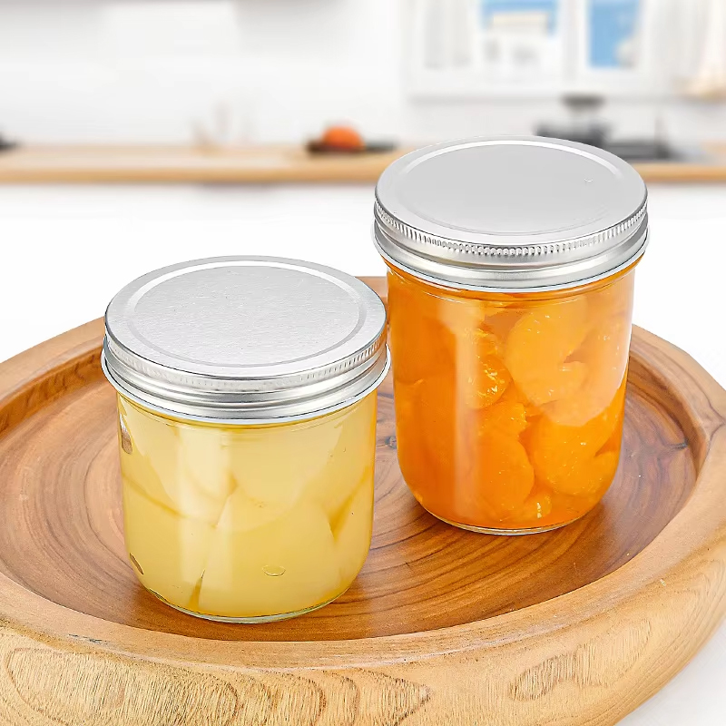 برطمان ماسون زجاجي مستدير للكافيار قابل لإعادة الاستخدام مع غطاء من الألومنيوم