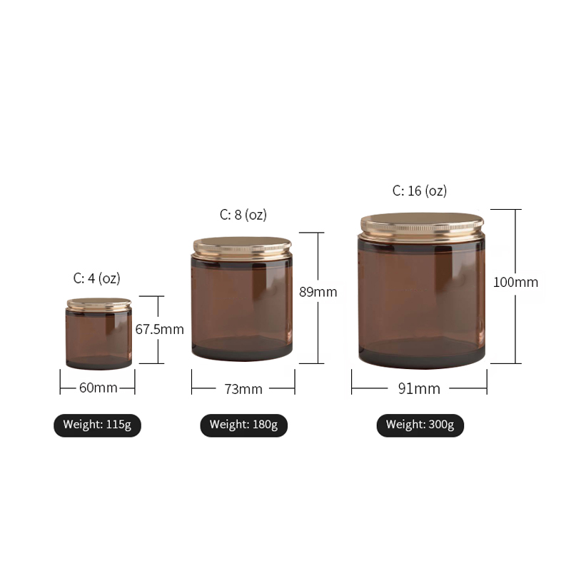 4oz 8oz 16oz العنبر الفاخرة جرة شمعة زجاجية فارغة من جانب مستقيم مع أغطية الألومنيوم المعدنية