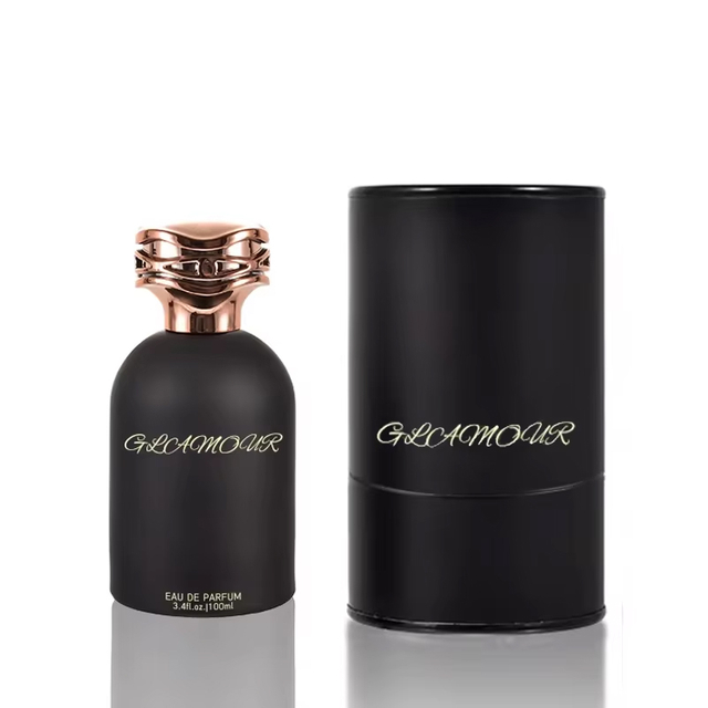 زجاجة عطر من الزجاج الأسود بغطاء معدني